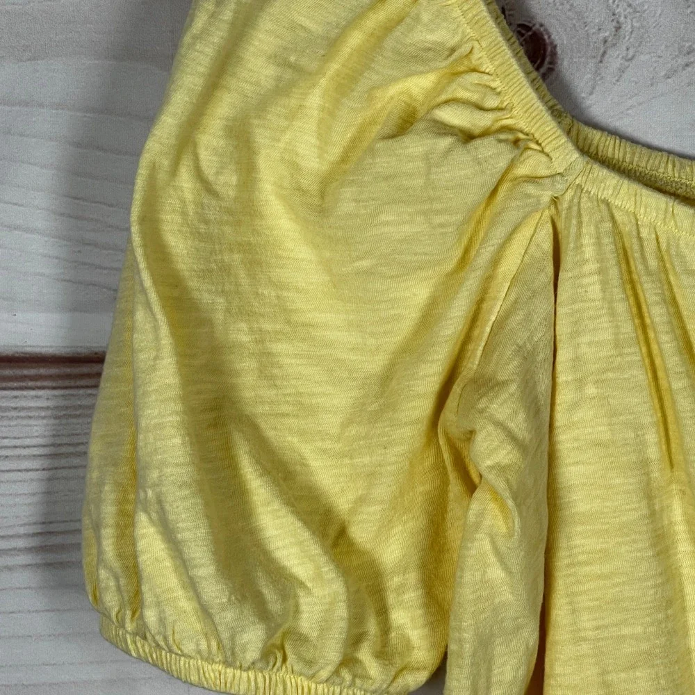 Old Navy Puff Sleeve‎ Top Womens Small Yellow Solid Cotton Slub Knit Square Neck